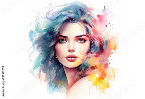Portrait of a young beautiful woman in abstract style, hand drawn, watercolor paints, aqarelle, bright colors, beauty and health, cosmetology or for a beauty salon, illustrator