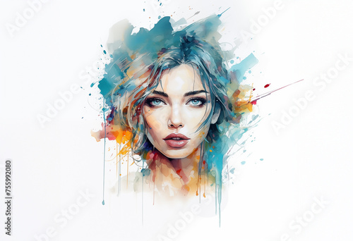 Portrait of a young beautiful woman in abstract style, hand drawn, watercolor paints, aqarelle, bright colors, beauty and health, cosmetology or for a beauty salon, illustrator