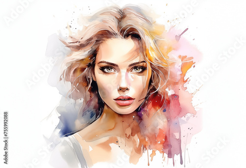 Portrait of a young beautiful woman in abstract style, hand drawn, watercolor paints, aqarelle, bright colors, beauty and health, cosmetology or for a beauty salon, illustrator