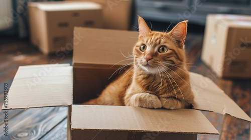 domestic red cat sitting in a box and looking at the camera. the concept of moving to a new home