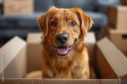 Photo of pedigree cute dog poses on pile of cardboard boxes, relocate in new flat © Vasiliy