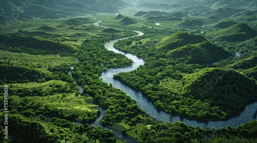 A picturesque river flowing through a vibrant green valley. Suitable for nature and landscape themes.