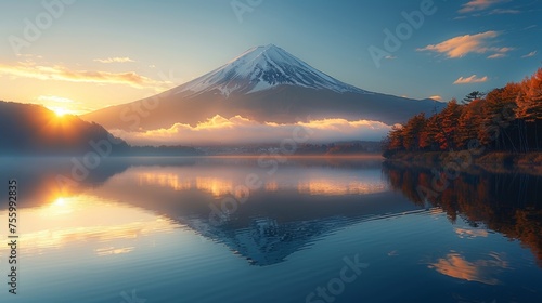 The highest mountain in Japan  Fujisan mount  reflected in water with sunrise at Kawaguchiko lake snowscape  is located on Honshu island  is the highest mountain in Japan.