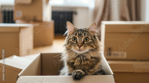 domestic cat sitting in a box and looking at the camera. the concept of moving to a new home