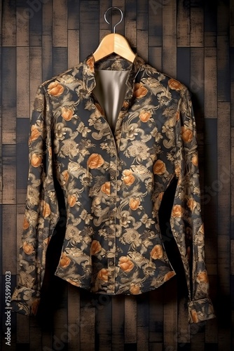 Brown Floral Shirt on a Wooden Hanger Against a Wooden Wall

