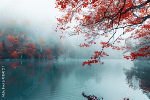 A serene foggy lake with vibrant red leaves on the branches. Suitable for nature and autumn-themed designs.