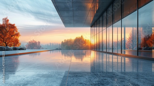 View of an empty cement floor with steel and glass exterior in the early morning. Photorealistic 3D rendering. © Diana