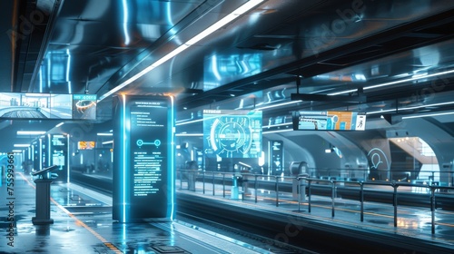 Futuristic train station with AI-powered information kiosks and holographic displays