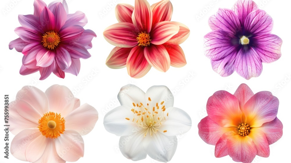 A set of six different colored flowers on a white background. Suitable for various design projects. A set of six different colored flowers on a white background. Suitable for various design projects.