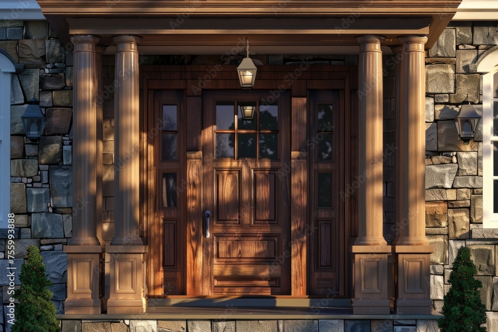 A wooden front door on a stone house. Suitable for real estate concepts. - obrazy, fototapety, plakaty 