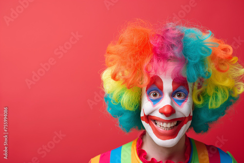 Colorful Clown with Wide Smile on Vibrant Red Background