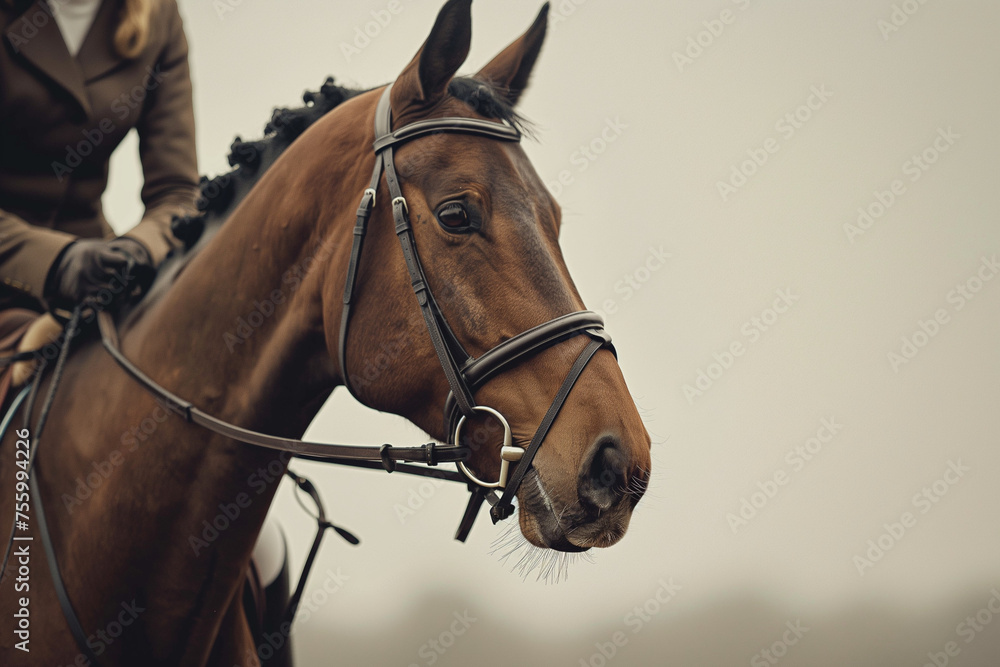 Fototapeta premium Close-up of horse and rider, dressage, brown hues