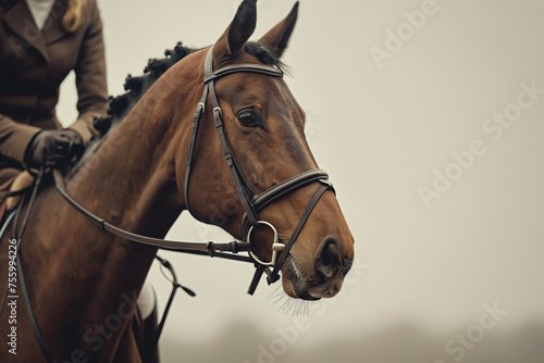 Close-up of horse and rider, dressage, brown hues