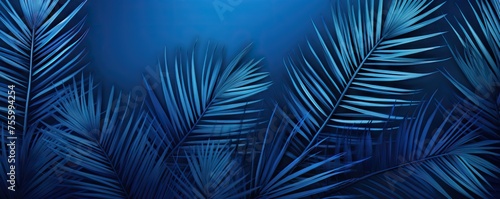 Tropical palm leaves on dark blue background. Minimal exotic fashion concept. Summer holidays and vacation. Flat lay  top view with copy space