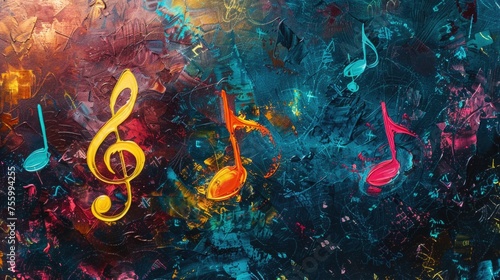 A painting of music notes on a blue background. Perfect for music-related designs. © Fotograf