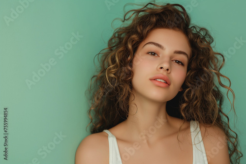 Curly-Haired Young Woman Posing on Teal Background, Casual Style