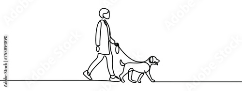 backpacker man and dog friend walking in nature together discovering lifestyle line art