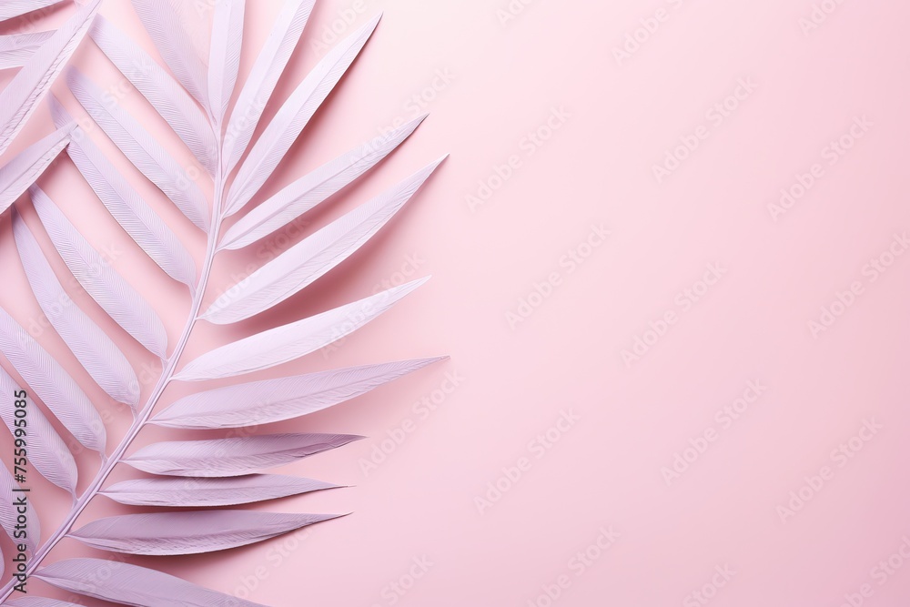 Tropical palm leaves on pastel pink background. Minimal exotic fashion concept. Summer holidays and vacation. Flat lay, top view with copy space