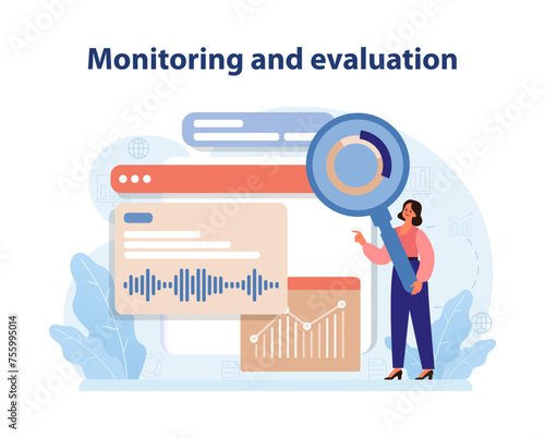 Monitoring and Evaluation. An expressive vector illustration showcasing the critical role of ongoing assessment.