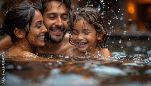 A very happy family laughing and splashing each other in a swimming pool. 
