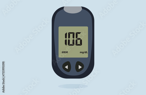 Glucometer. Medical Equipment for diabetes diagnosis. Blood glucose meter level test. Checking blood sugar level by glucometer and test stripe at home. Vector illustration.