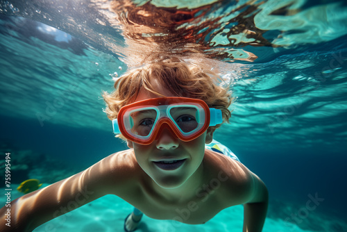 Child Snorkeling Underwater - A young child wearing snorkeling gear exploring underwater with colorful coral and fish. Ideal for themes of snorkeling, childhood adventure, and underwater exploration. photo