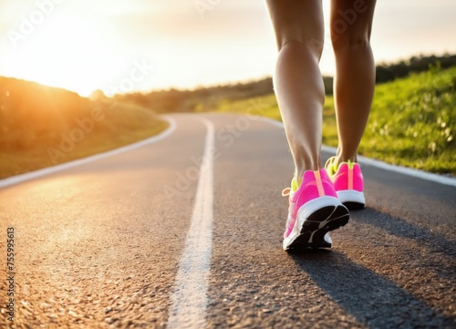 Runner feet on road closeup on shoe. woman fitness sunrise jog workout welness concept.