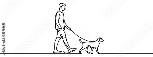 backpacker man and dog friend walking in nature together discovering lifestyle line art