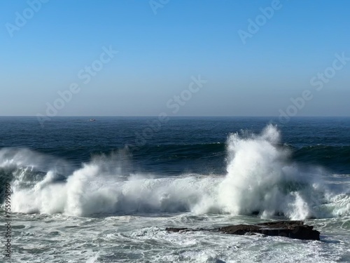 Atlantic Ocean waves crashing on the rocks near Oia, Galicia, Spain, January 2023