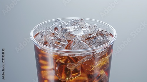 A glass of soda with ice cubes, perfect for summer refreshment.