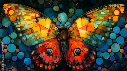A vibrant butterfly, a pollinator and arthropod, is surrounded by floating circles against a dark backdrop, creating a beautiful art piece in a natural environment