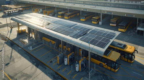 Solar-powered electric bus depot with smart charging stations and energy storage systems photo