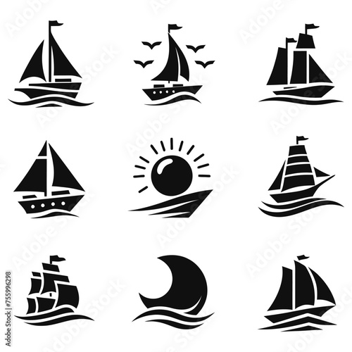 Ship and marine boat black silhouette set. Small and large seagoing vessels. Vector line art illustration on white background. photo