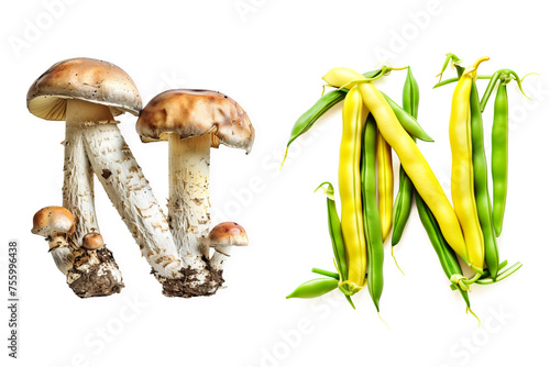 Vegetable Letter "N"  Made of Mushrooms and Yellow Green Beans Isolated on White Background