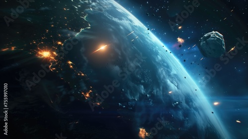Meteor approaching Earth in space, the meteorite is approaching the planet, Burning exploding asteroids from deep space are approaching planet Earth © ERiK