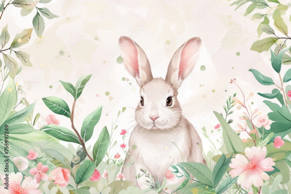 Springtime Portrait of a Gentle Rabbit Surrounded by Blossoming Flowers and Foliage Springtime Portrait of a Gentle Rabbit Surrounded by Blossoming Flowers and Foliage