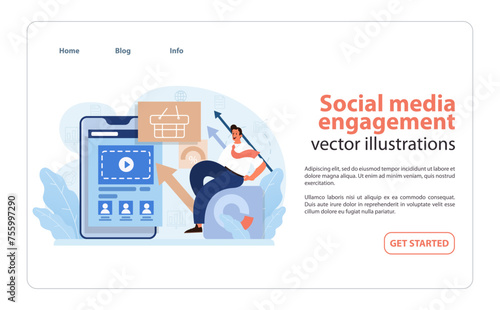 Social Media Engagement. Dynamic illustration of a social media strategist increasing brand.