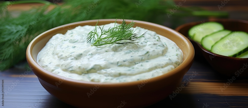 A bowl of cervelle de canut next to a bowl of cucumber slices on a wooden table, perfect for dipping in the creamy fines herbes blue cheese dressing A bowl of cervelle de canut next to a bowl of cucumber slices on a wooden table, perfect for dipping in the creamy fines herbes blue cheese dressing