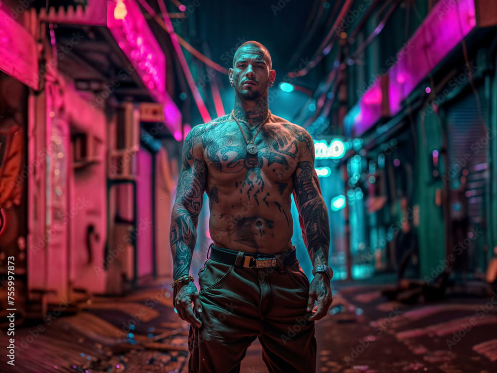 Young male gang member on the alley streets of Brazil,  A shirtless man with tattoos stands in a smoky place with pink and blue lighting.