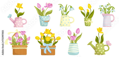 Set of bouquets of spring flowers, tulips, snowdrops in vintage vases, wicker baskets, garden watering cans.Vector graphics.