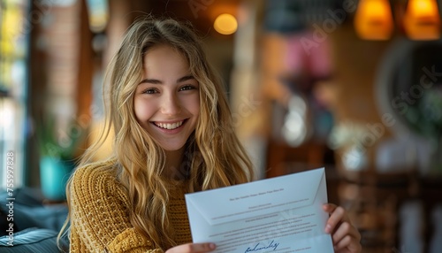 An excited teenager receiving her acceptance letter from her dream college.  © gfx_nazim