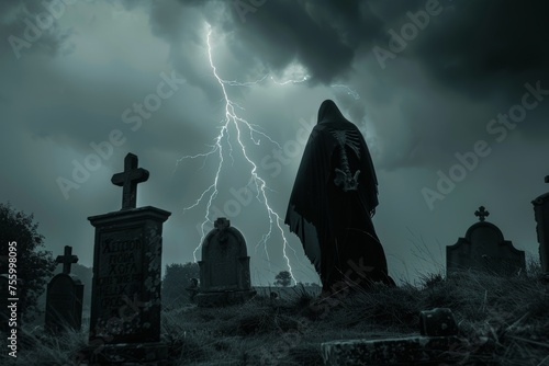 Silhouette of a sinister reaper in a cemetery