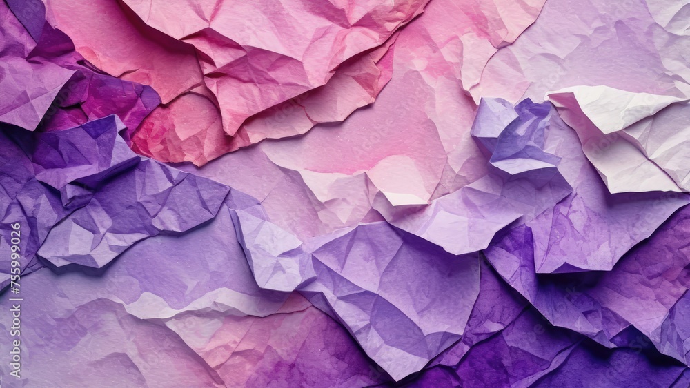 Crumpled paper captures light and shadow, textures emphasized by dappled pink and purple aquarelle watercolors, watercolor paper, uneven edges, close-up, gradient transition from pink to purple Crumpled paper captures light and shadow, textures emphasized by dappled pink and purple aquarelle watercolors, watercolor paper, uneven edges, close-up, gradient transition from pink to purple
