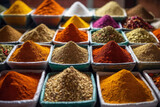 Local market, piles of aromatic spices of different colors. Square bowls with ingredients, different types of powder and herbs on the background, pepper and cardamom, oriental dishes.
