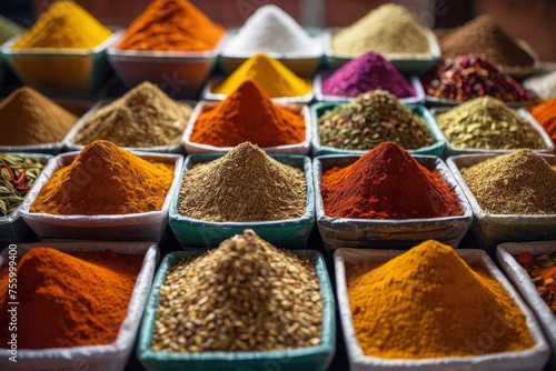 Fototapeta Naklejka Na Ścianę i Meble -  Local market, piles of aromatic spices of different colors. Square bowls with ingredients, different types of powder and herbs on the background, pepper and cardamom, oriental dishes.