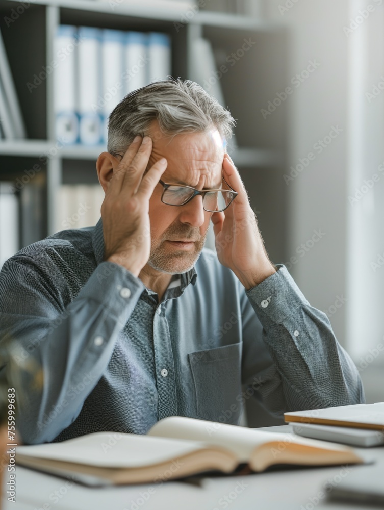 Middle aged caucasian man had a strong headache. Sitting at a desk with a laptop. Middle aged caucasian man had a strong headache. Sitting at a desk with a laptop.