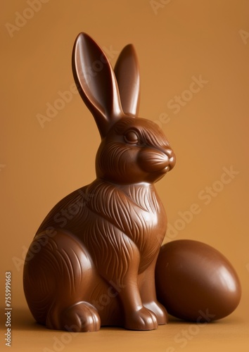 Chocolate easter bunny with eggs decoration, isolated on yellow background. Luxury chocolate, Easter holiday. Delicious milk, dark chocolate bunny.  © steve