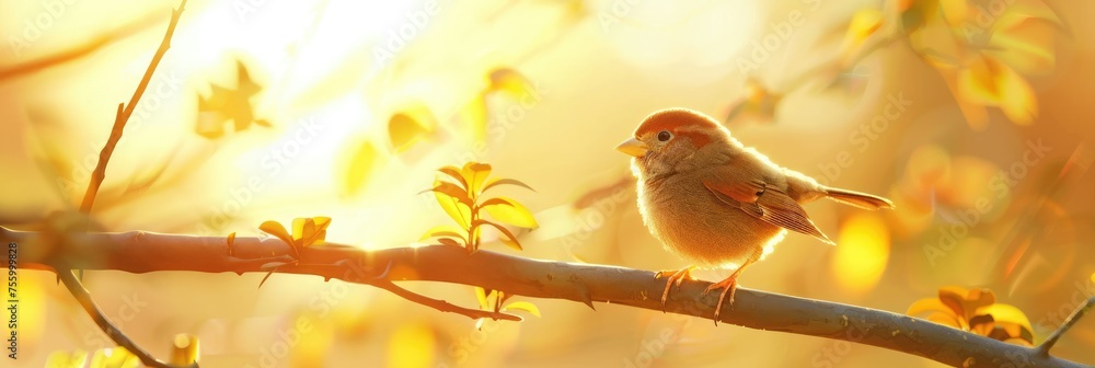 A small bird perched on the branch of an autumn tree, bathed in golden sunlight A small bird perched on the branch of an autumn tree, bathed in golden sunlight