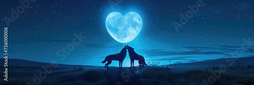 Two wolves on a heart-shaped moon background, conveying romance and freedom; Concept of love and wild beauty