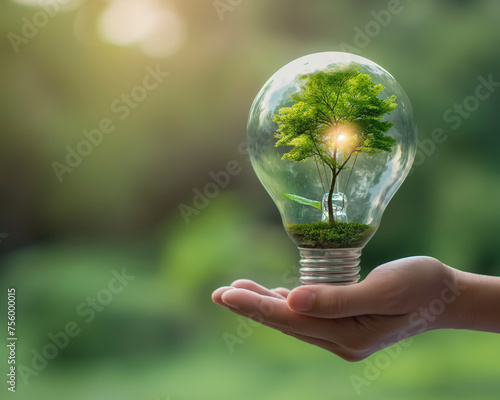 Hand holding a light bulb with a vibrant tree inside, representing the fusion of technology and nature for sustainable living and eco-awareness